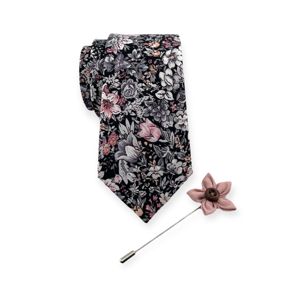 Men’s Black Floral Necktie & Pale Pink Lapel Flower Pin Set